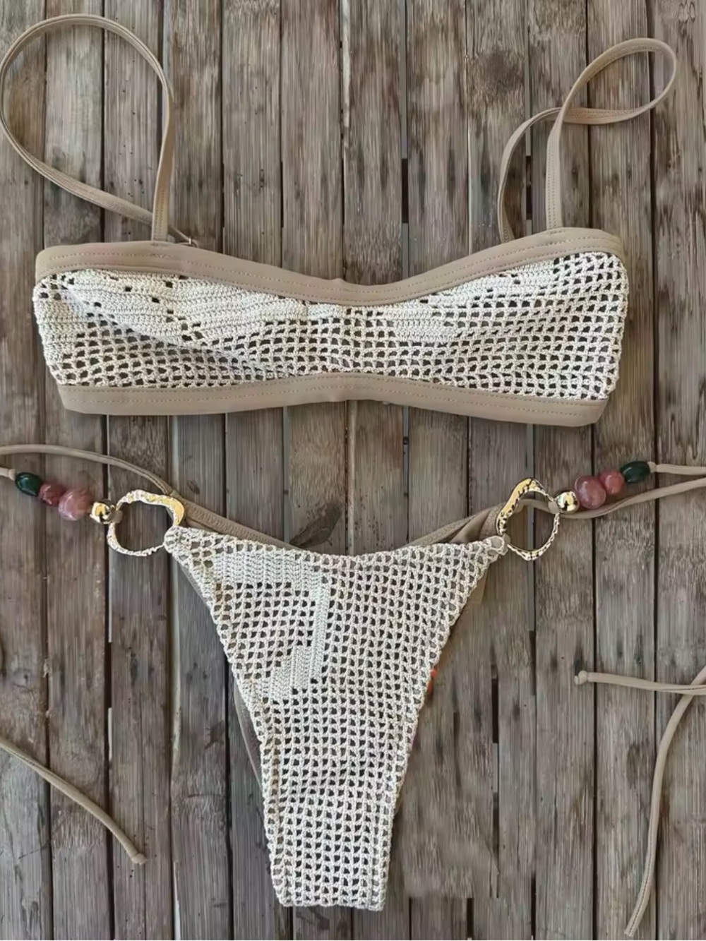 Beige and Ivory Crochet Bandeau Bikini Set
